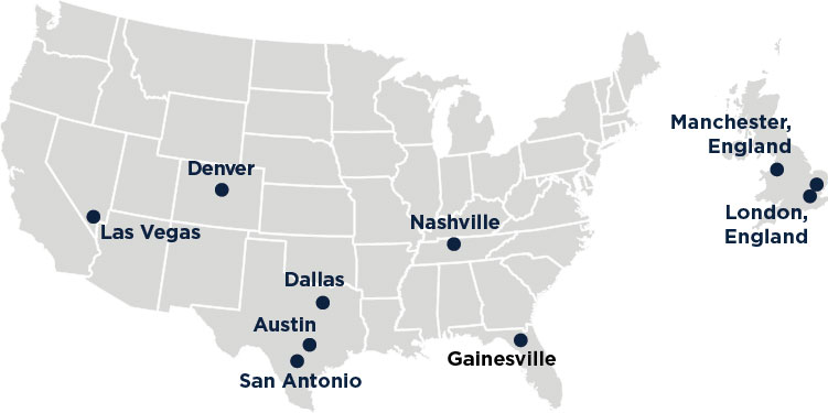 Sarah Cannon Transplant and Cellular Therapy Program located in Las Vegas, Denver, Dallas, Austin, San Antonio, Nashville and Gainesville in the United States. In the United Kingdom, located in London and Manchester.